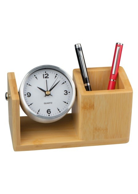 Stifteköcher aus Bambus mit analoger Uhr